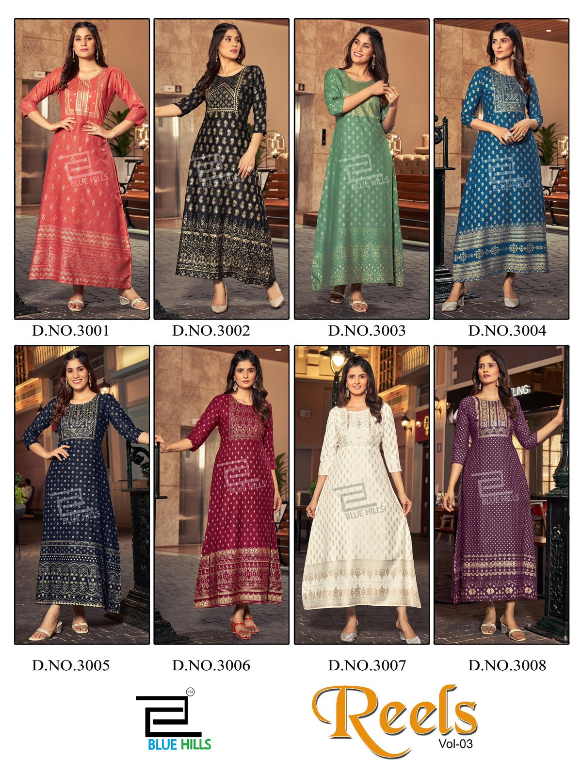 Reels Vol 3 By Blue Hills Foil Printed Rayon Long Plus Size Kurtis Wholesale Shop In Surat